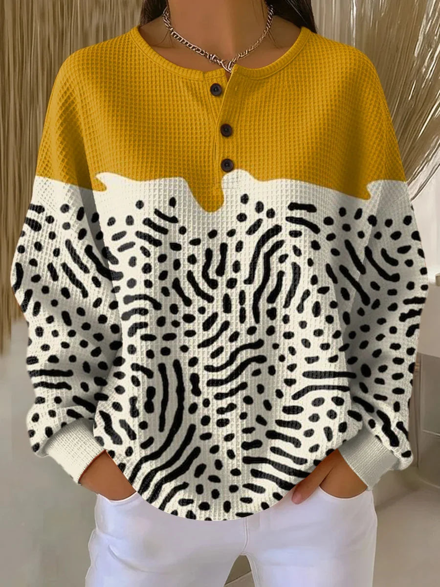 Women's colourblock knit button-front jumper with abstract pattern – Yellow