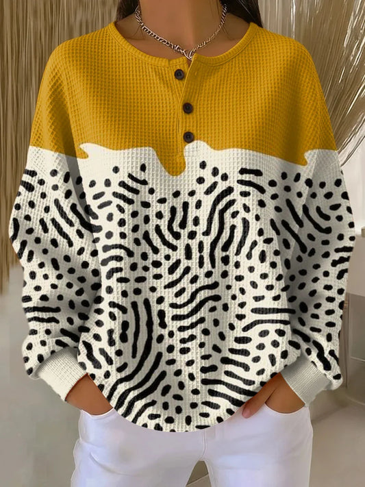 Women's colourblock knit button-front jumper with abstract pattern – Yellow