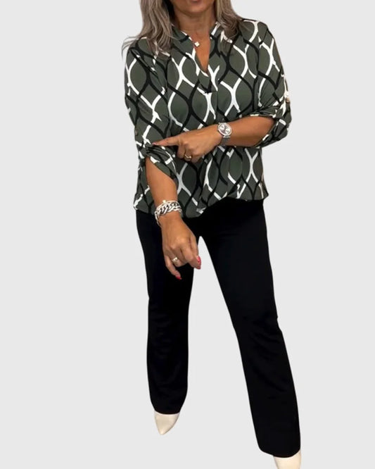 Women's button-front collared blouse with geometric chain pattern