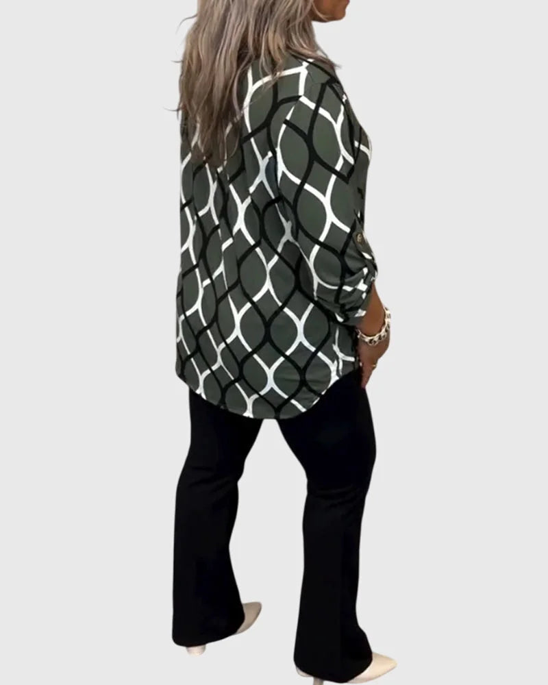 Women's button-front collared blouse with geometric chain pattern