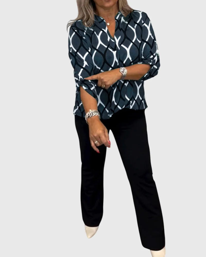 Women's button-front collared blouse with geometric chain pattern
