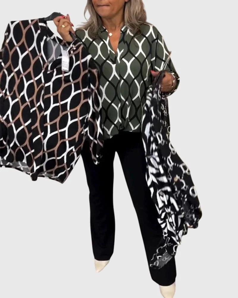 Women's button-front collared blouse with geometric chain pattern