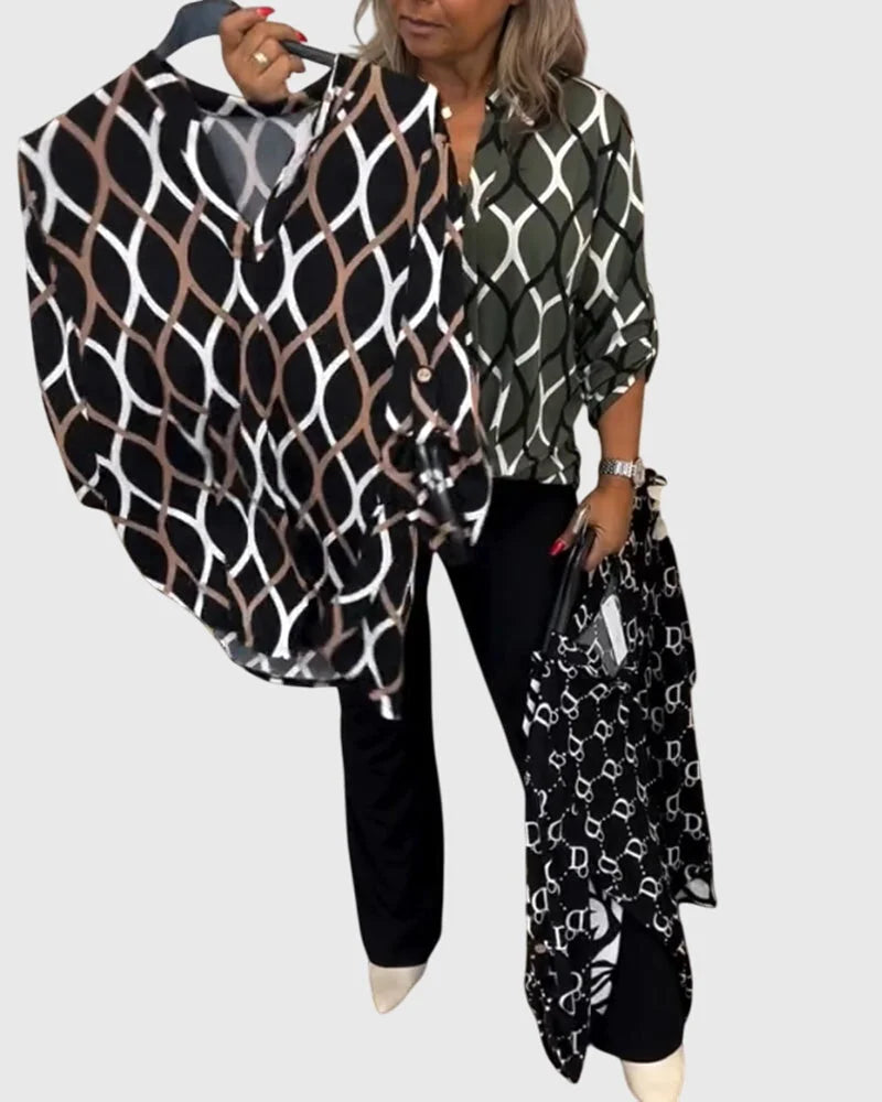 Women's button-front collared blouse with geometric chain pattern
