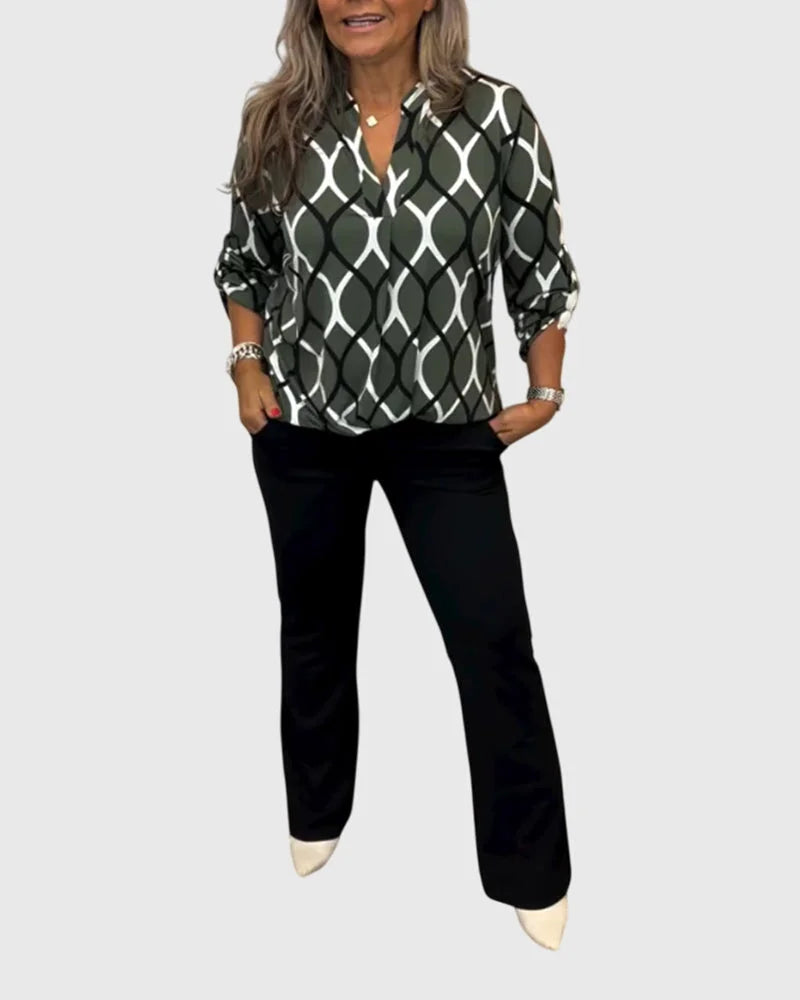 Women's button-front collared blouse with geometric chain pattern – Blue