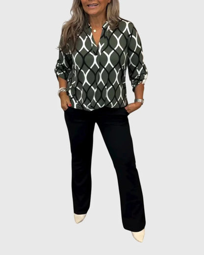 Women's button-front collared blouse with geometric chain pattern – Blue