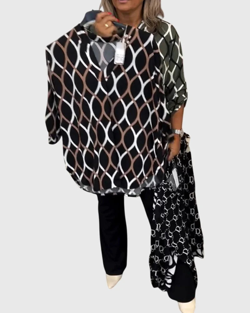 Women's button-front collared blouse with geometric chain pattern – Brown
