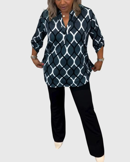 Women's button-front collared blouse with geometric chain pattern – Olive Green