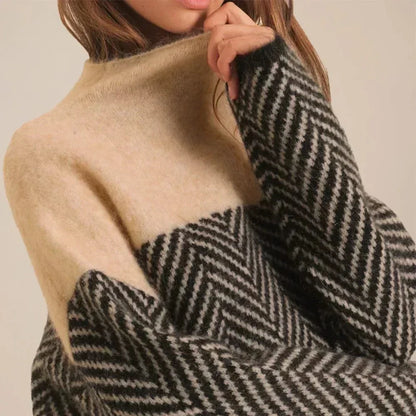 Women's chevron knit roll neck sweater with contrast pattern
