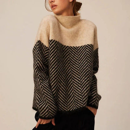 Women's chevron knit roll neck sweater with contrast pattern – Beige