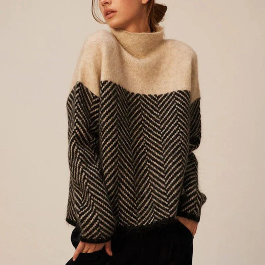 Women's chevron knit roll neck sweater with contrast pattern – Beige