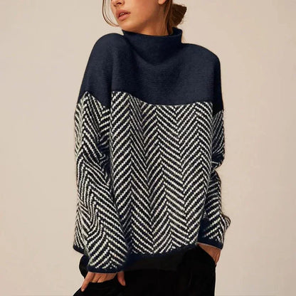 Women's chevron knit roll neck sweater with contrast pattern – Blue