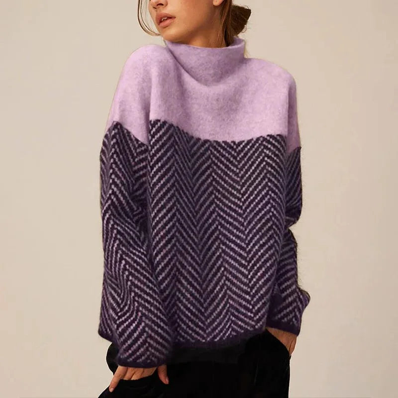 Women's chevron knit roll neck sweater with contrast pattern – Lilac