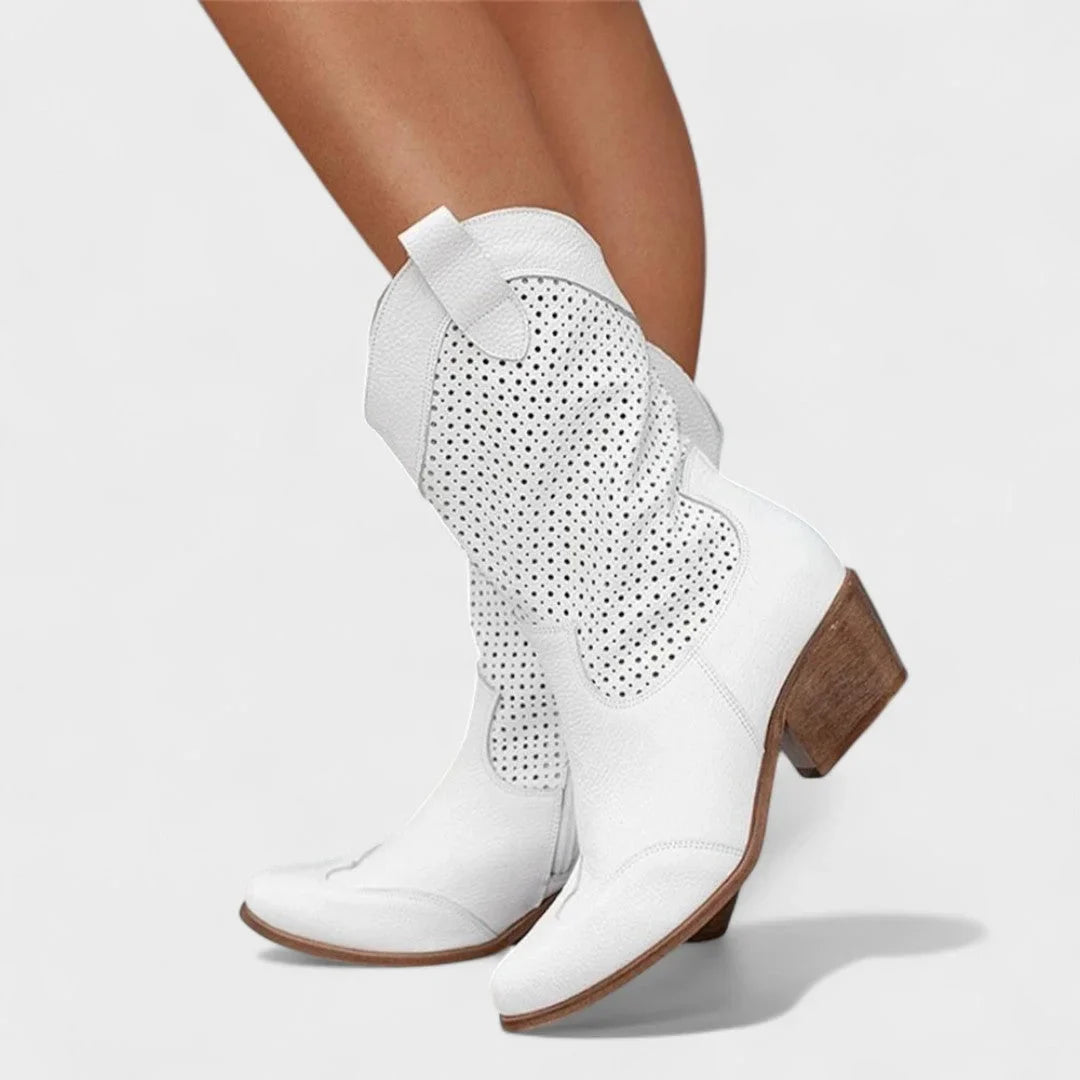 Women's perforated suede-look Western calf boots with cushioned footbed