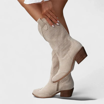 Women's perforated suede-look Western calf boots with cushioned footbed – Beige