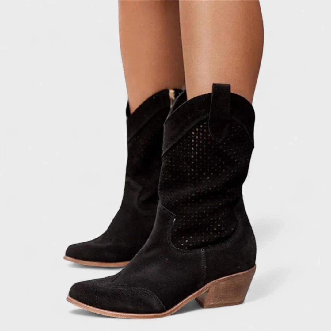 Women's perforated suede-look Western calf boots with cushioned footbed – Black
