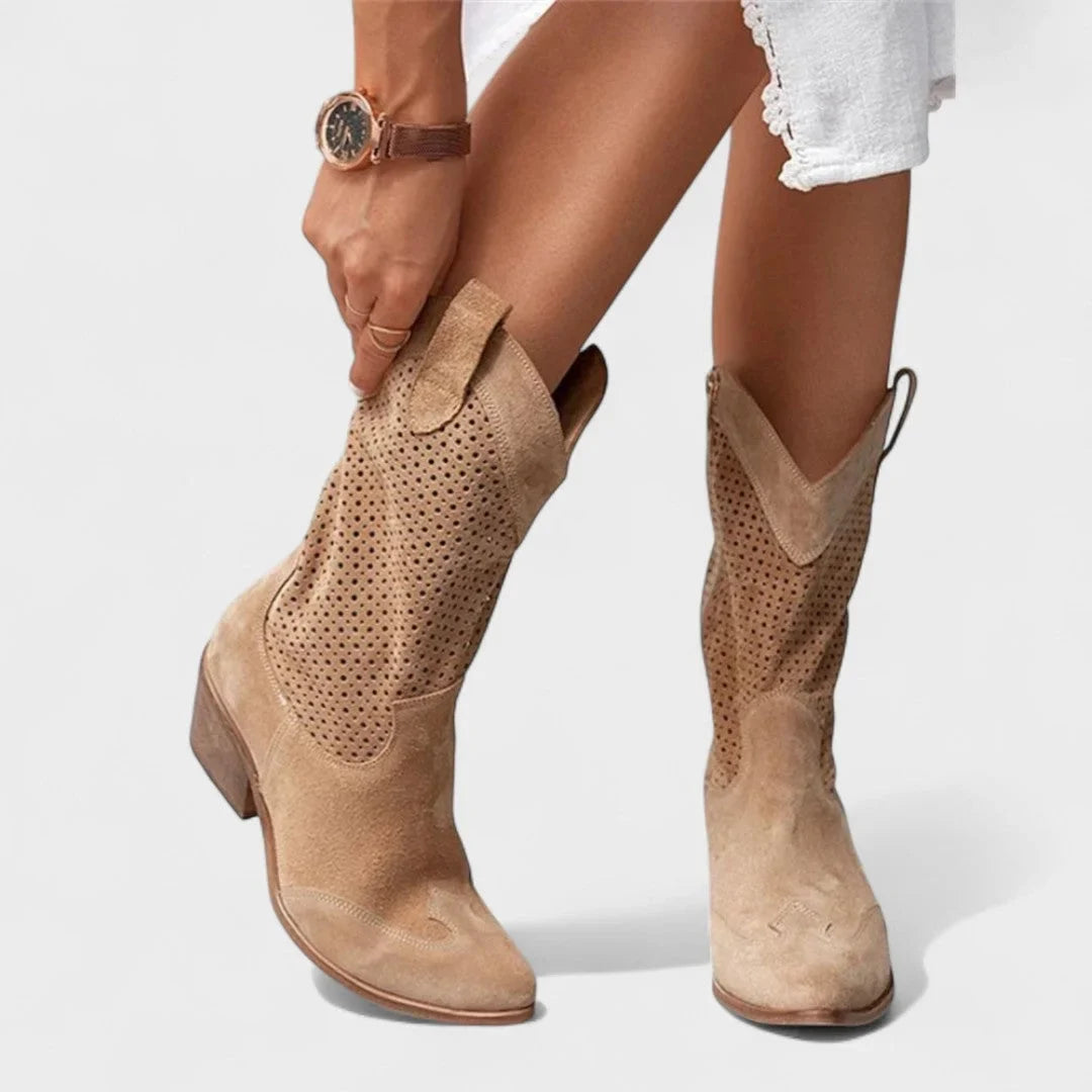 Women's perforated suede-look Western calf boots with cushioned footbed – Brown