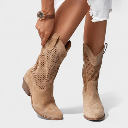 Women's perforated suede-look Western calf boots with cushioned footbed – Brown