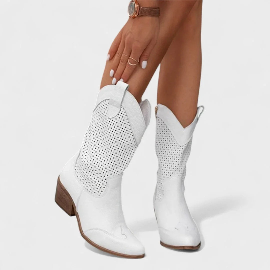 Women's perforated suede-look Western calf boots with cushioned footbed – White