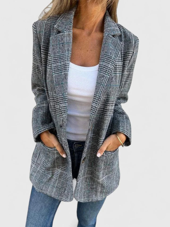 Women's check tweed button-front blazer with patch pockets