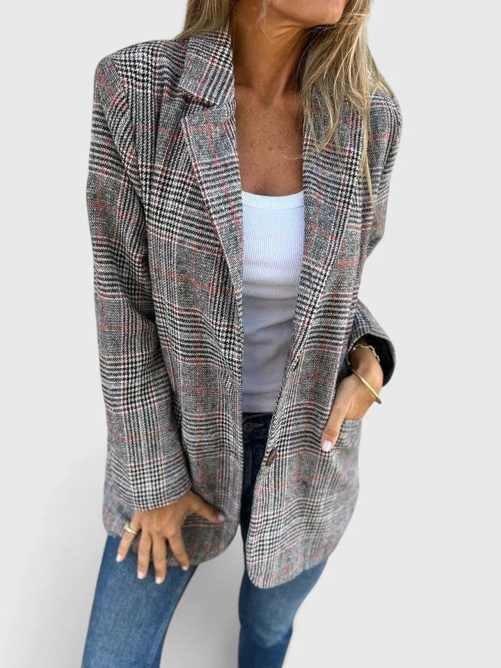 Women's check tweed button-front blazer with patch pockets