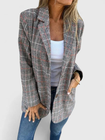 Women's check tweed button-front blazer with patch pockets