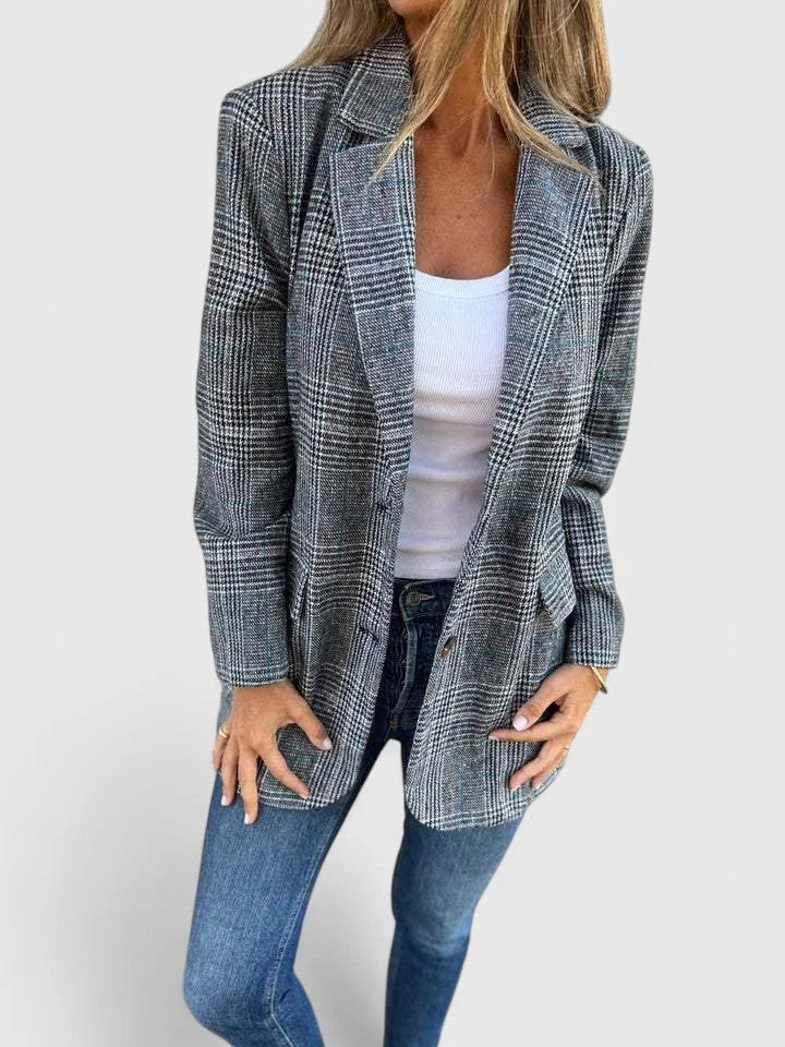 Women's check tweed button-front blazer with patch pockets