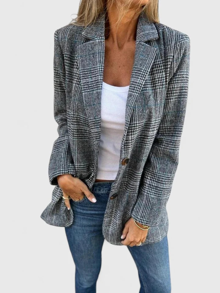 Women's check tweed button-front blazer with patch pockets – Black