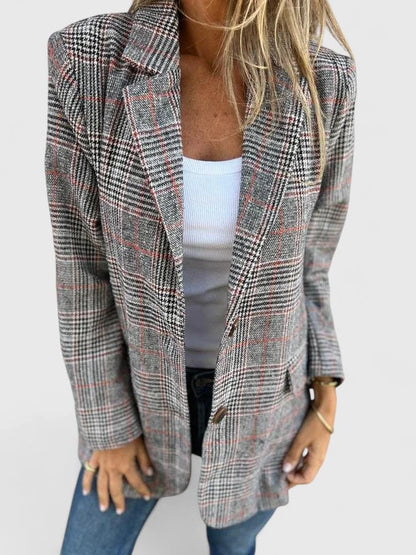 Women's check tweed button-front blazer with patch pockets – Brown