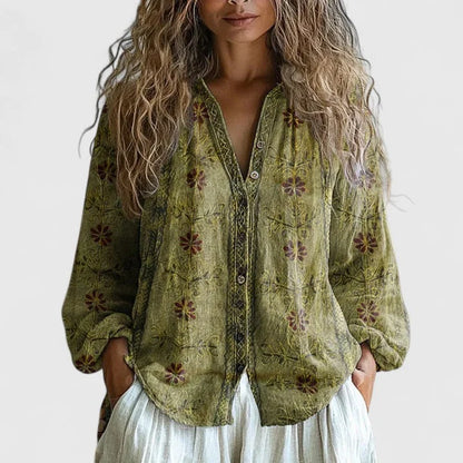 Women's floral cotton button-front blouse with print pattern – Green