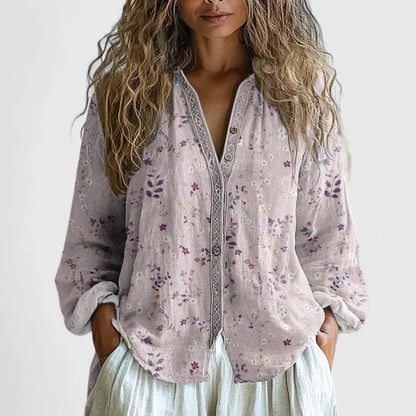 Women's floral cotton button-front blouse with print pattern – Pink
