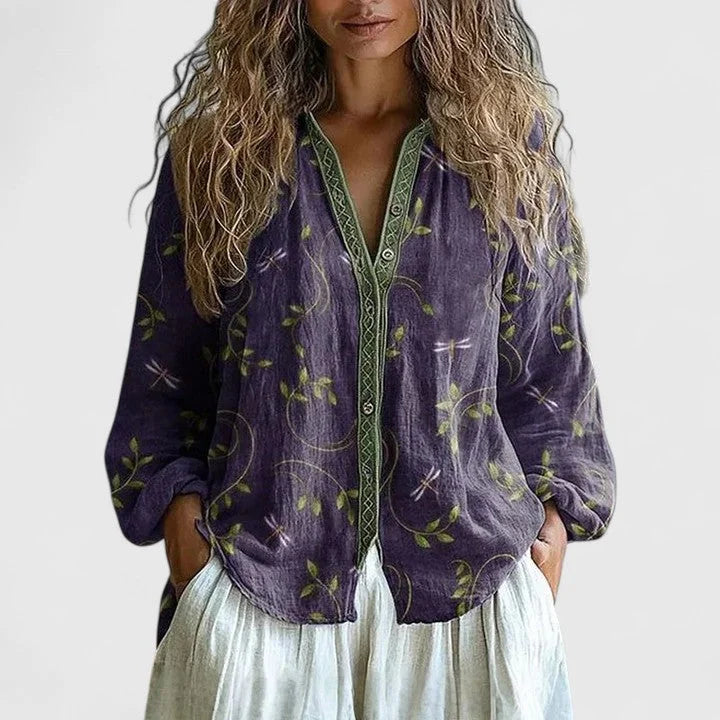 Women's floral cotton button-front blouse with print pattern – Purple