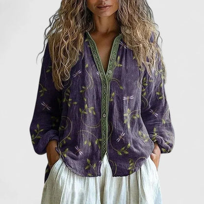Women's floral cotton button-front blouse with print pattern – Purple