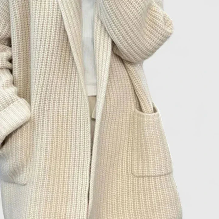 Women's ribbed open-front shawl collar cardigan with patch pockets – Beige