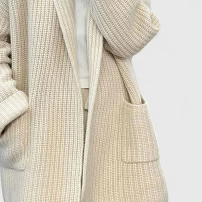 Women's ribbed open-front shawl collar cardigan with patch pockets – Beige