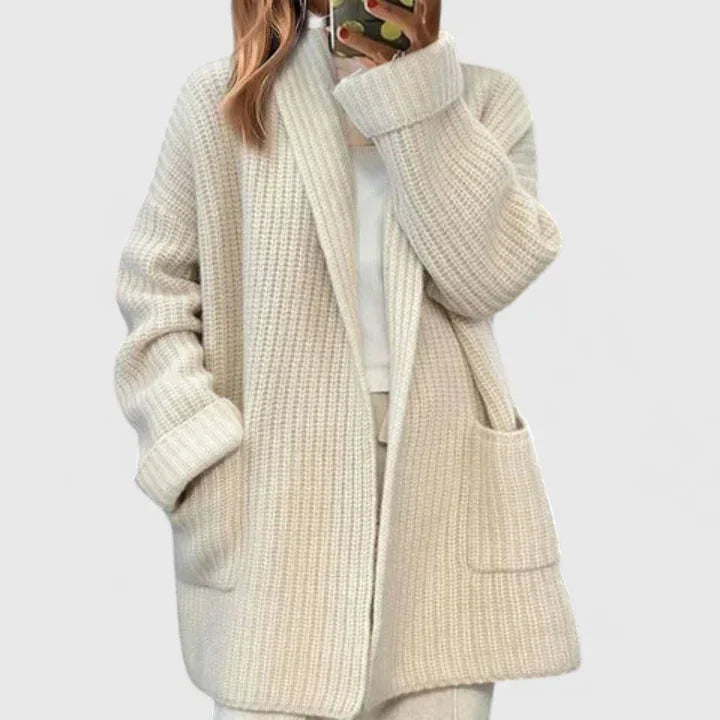 Women's ribbed open-front shawl collar cardigan with patch pockets – Beige