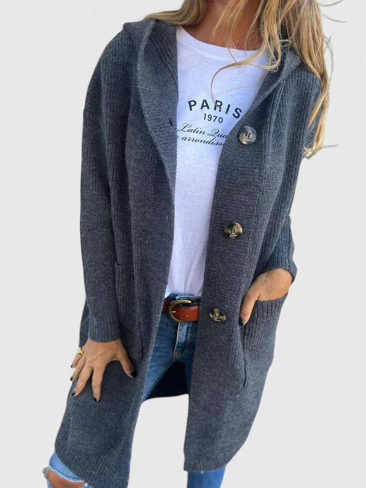 Women's longline button-front knit cardigan with pockets