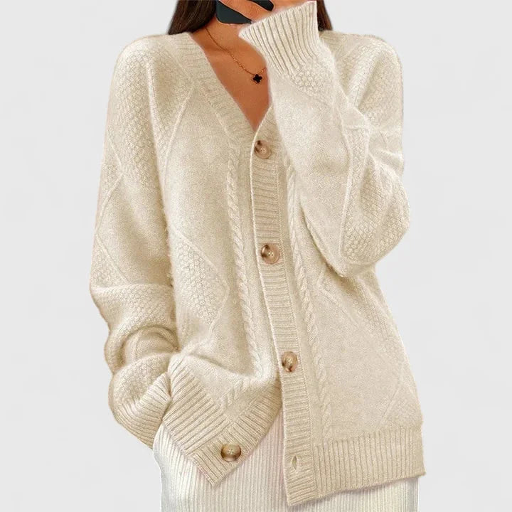 Women's knit button-front V-neck cardigan with ribbed cuffs – Apricot