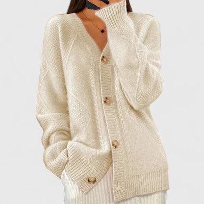 Women's knit button-front V-neck cardigan with ribbed cuffs – Apricot