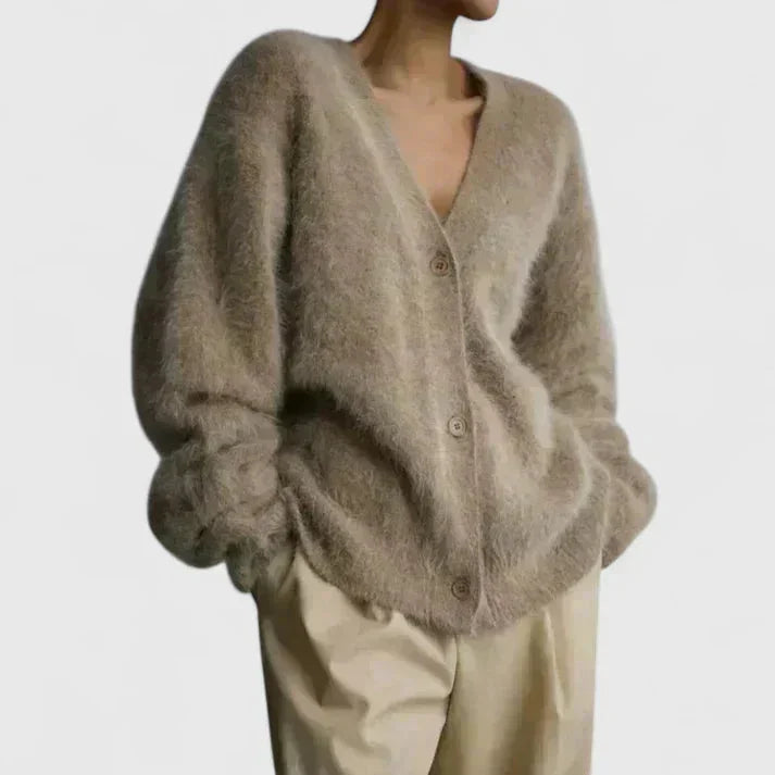Women's knit button-front V-neck cardigan with fluffy texture – Beige