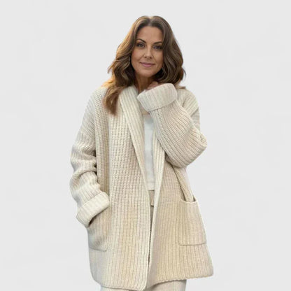 Women's ribbed open-front shawl collar cardigan with patch pockets – Beige