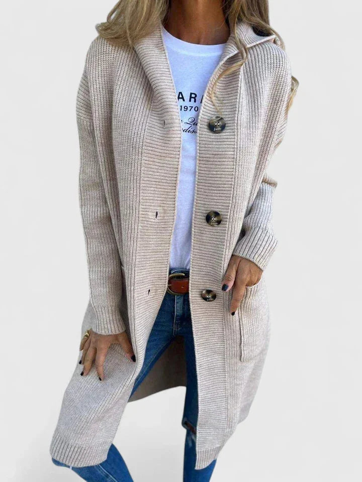 Women's longline button-front knit cardigan with pockets – Beige
