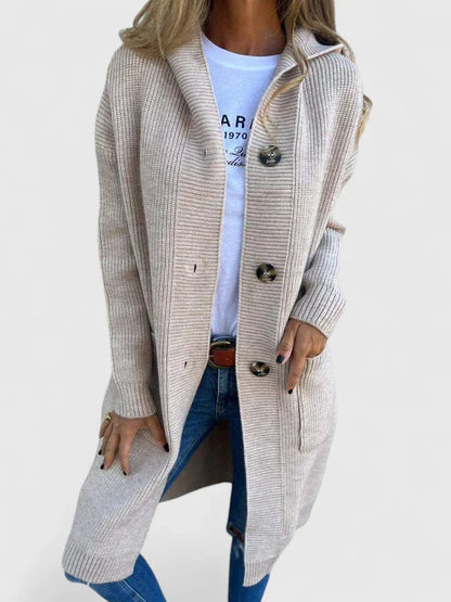 Women's longline button-front knit cardigan with pockets – Beige