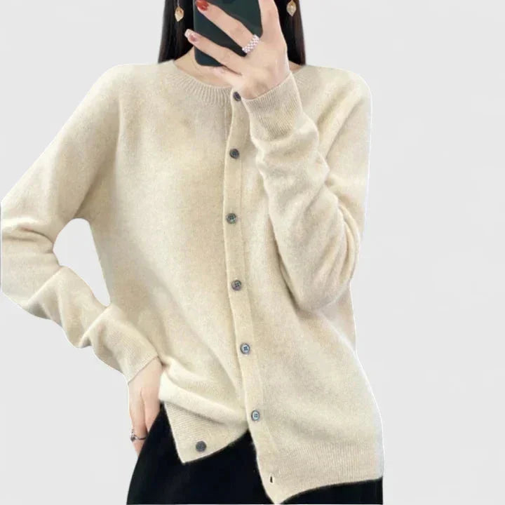 Women's knit button-front crew neck cardigan with ribbed cuffs and hem – Beige