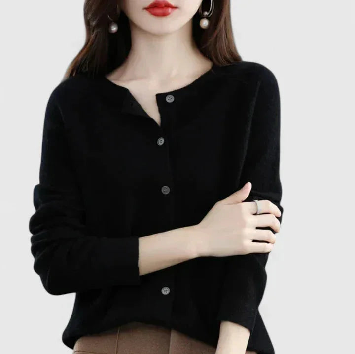 Women's knit button-front crew neck cardigan with ribbed cuffs and hem – Black