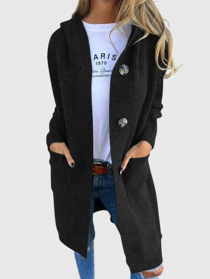 Women's longline button-front knit cardigan with pockets – Black