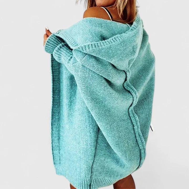 Women's oversized hooded knit cardigan with knee-length hem – Blue