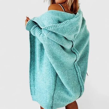 Women's oversized hooded knit cardigan with knee-length hem – Blue