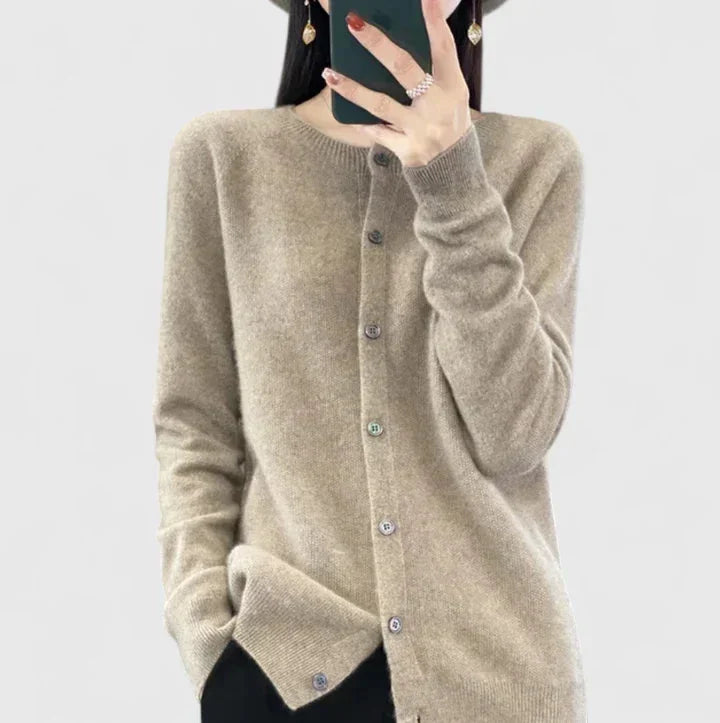 Women's knit button-front crew neck cardigan with ribbed cuffs and hem – Brown