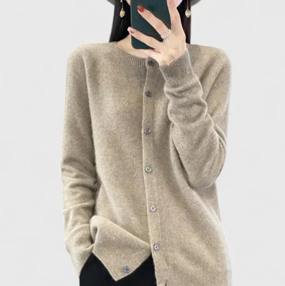 Women's knit button-front crew neck cardigan with ribbed cuffs and hem – Brown