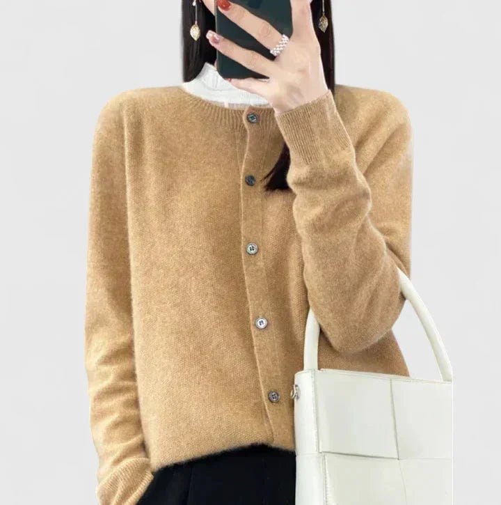 Women's knit button-front crew neck cardigan with ribbed cuffs and hem – Camel